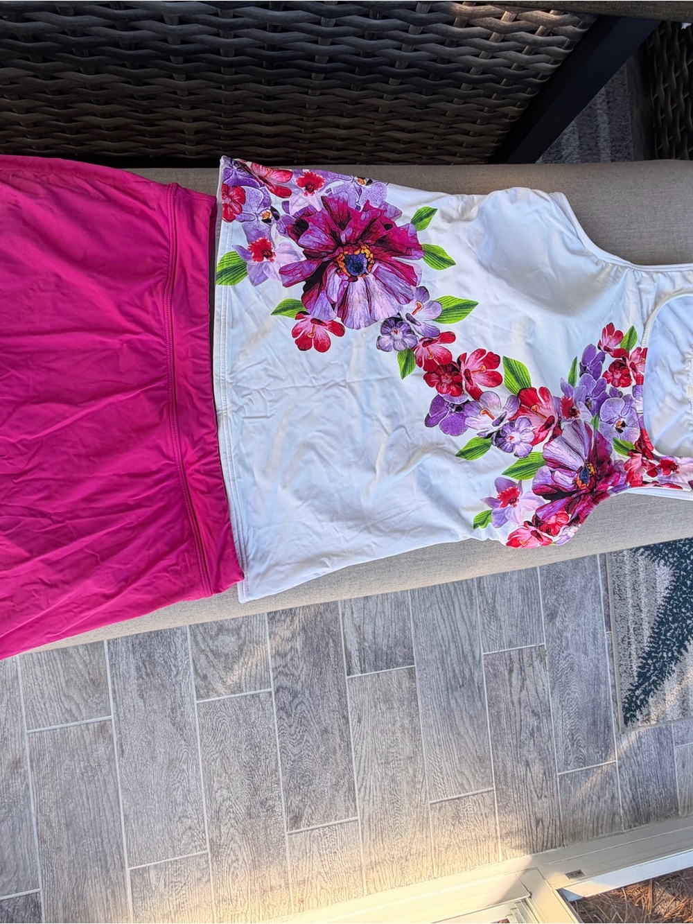 Lands end White Floral Tankini top with Pink Skirted bottom